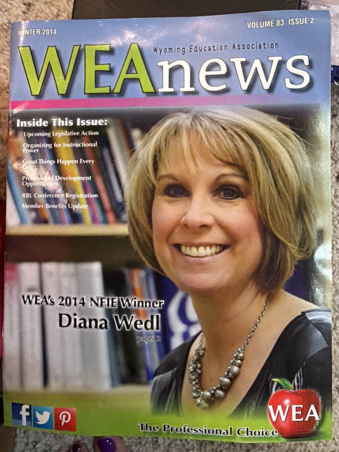 The Winter 2014 cover of WEA News, Wyoming Education Association, with Diana Wedl pictured as the 2014 NFIE award winner.